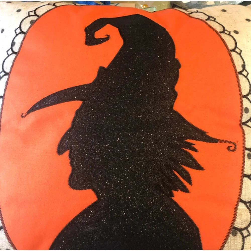 NWOT Halloween Witch‎ Silhouette Pillow Cameo Witch Hat Orange Cream Polka Dots